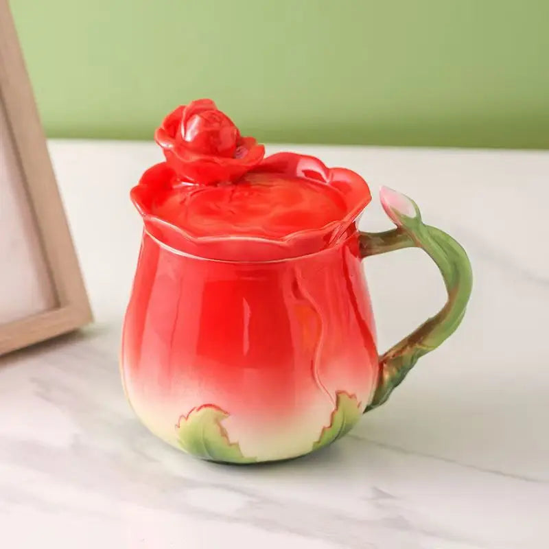 European Style Enamel Ceramic Coffee Mug Creative 3D Rose Flower Shape Lreative 4 Colors Household Breakfast Milk Cup with Spoon