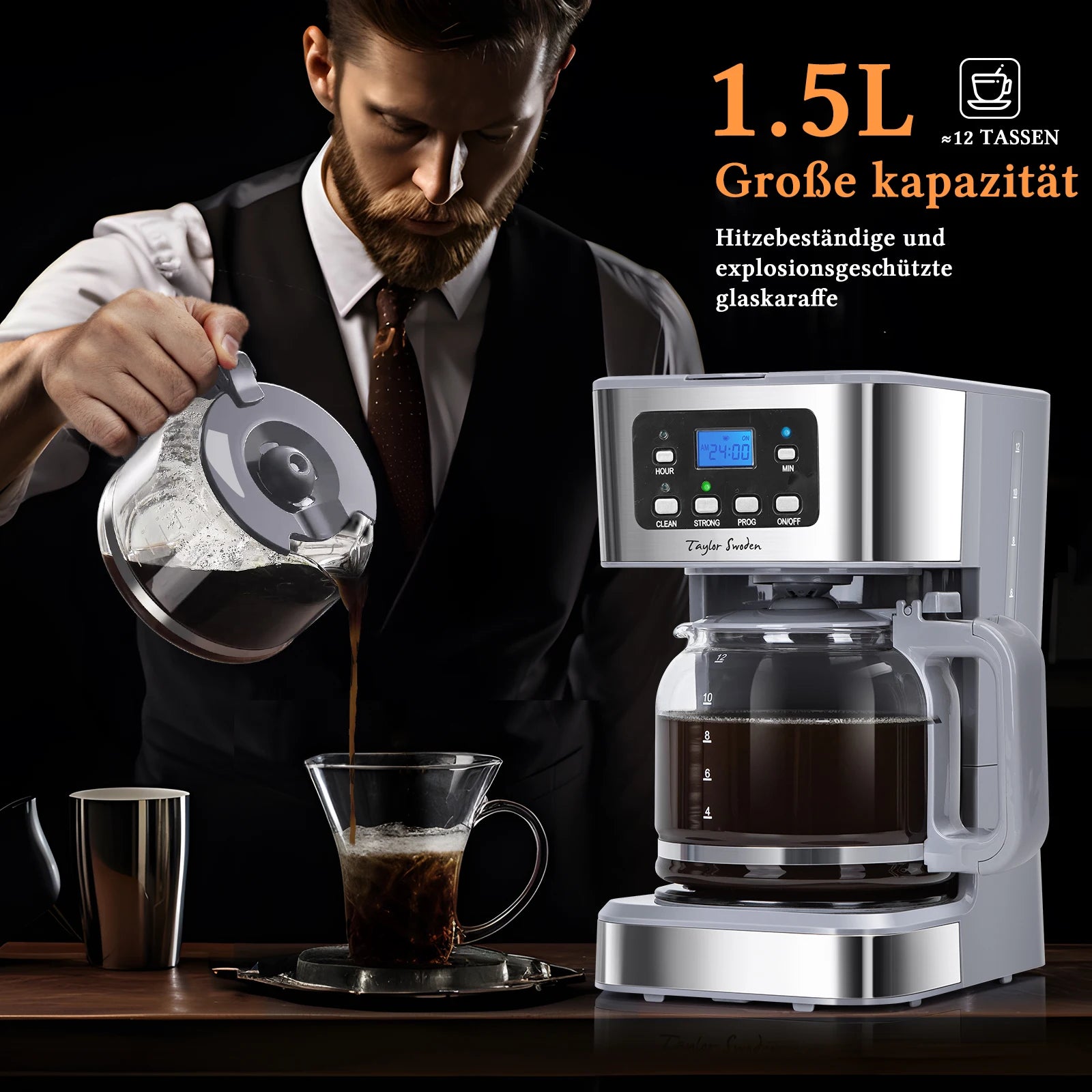 TAYLOR SWODEN 950W Coffee Maker with Timer, 1.5L Filter Coffee Maker 12 Cups, Automatic Shut-Off, Drip Stop, Reusable Filter