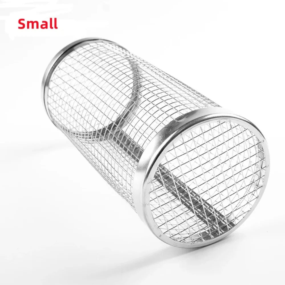 New Rolling Grilling BBQ Basket Stainless Steel Leakproof Mesh Barbecue Rack Outdoor Picnic Camping Simple Cylindrical BBQ Grill