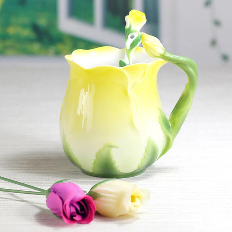 European Style Enamel Ceramic Coffee Mug Creative 3D Rose Flower Shape Lreative 4 Colors Household Breakfast Milk Cup with Spoon