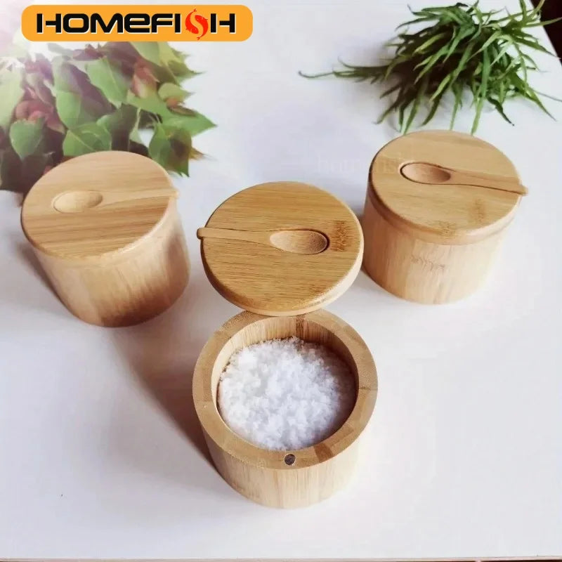 Salt Seasoning Jars Pepper Jar Bamboo Condiment Box Bowl Storage Pot Set Wood Sugar Container Holder Lid Function Multi Bowls